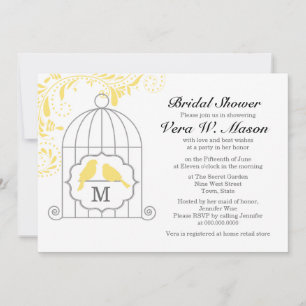 Gult Birdcage with Love birds Möhippa Invi Inbjudningar