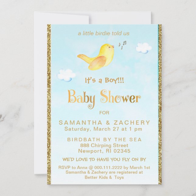 *~* Gult Birdie Glitter Baby Shower-inbjudan Inbjudningar (Framsida)