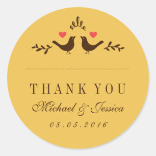 Gult Birds Small Heart Bröllop Tack Sticker Runt Klistermärke