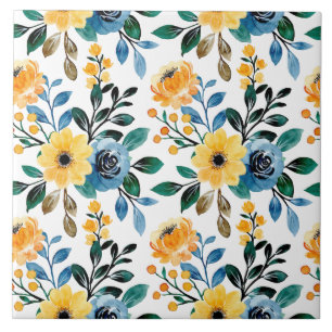 Gult blå blommigt daisy mönster trädgårdsblommor kakelplatta