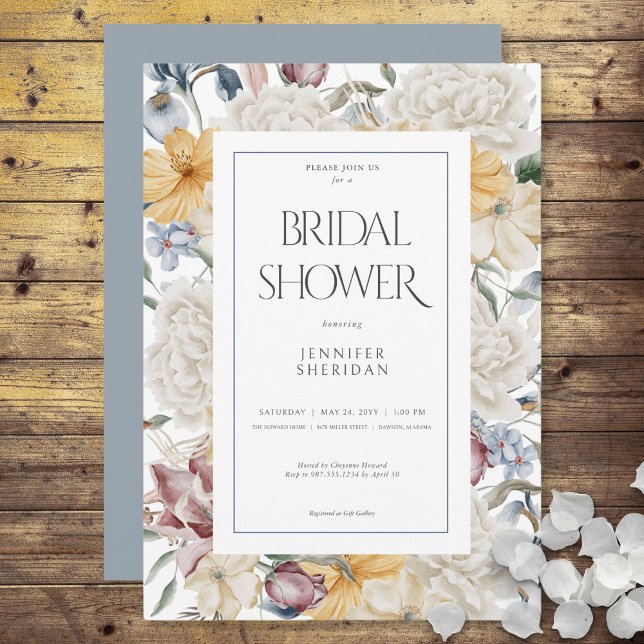 Gult Blå och vit Blommigt, vit Möhippa Inbjudningar (Yellow Blue & White Floral White Bridal Shower Invitation)