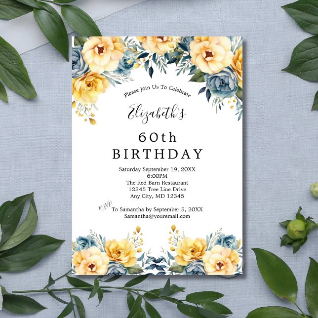 Gult Blåa blommor Blommigt 60:e 70:e födelsedagen Inbjudningar (Blue Yellow Watercolor Floral Elegant 50th 60th 70th 80th birthday invitation for her)