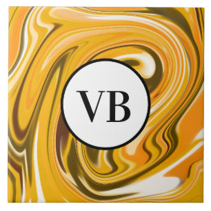 Gult Black acrylic pour marble add namn monogram Kakelplatta