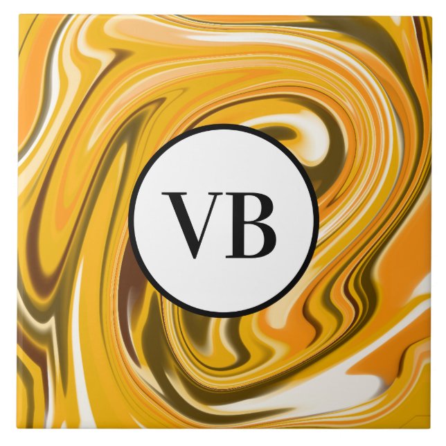 Gult Black acrylic pour marble add namn monogram Kakelplatta (Framsidan)
