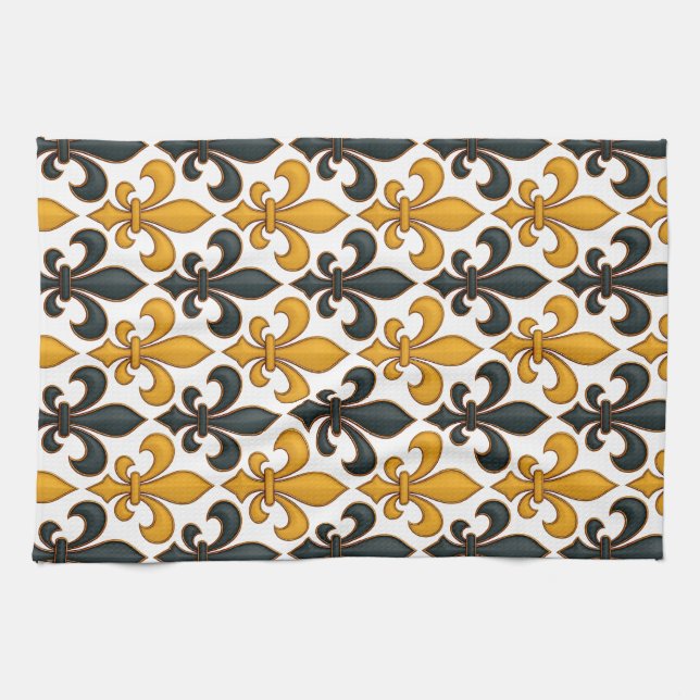 Gult Black Baroque Fleur-de-lis Mönster Design Kökshandduk (Horisontell)
