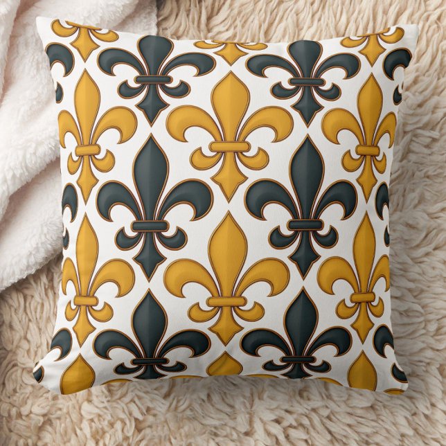 Gult Black Baroque Fleur-de-lis Mönster Design Kudde (Skapare uppladdad)