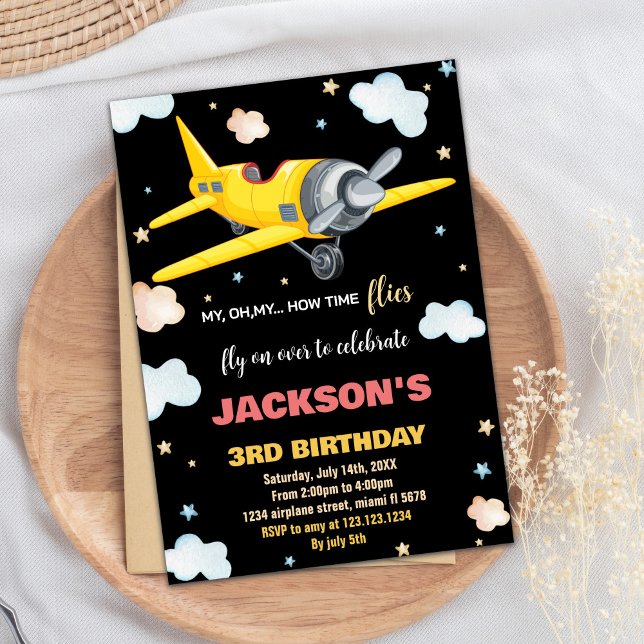 Gult Black BK för inbjudan till flygplanet på föde (Airplane Birthday Invitations Yellow Black BK)