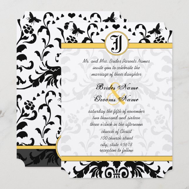 Gult Black Bubble Bee Damask Wedding Inbjudan (Fram/baksida)