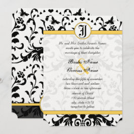 Gult Black Bubble Bee Damask Wedding Inbjudan