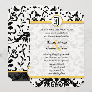 Gult Black Bubble Bee Damask Wedding Inbjudan