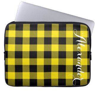 Gult Black Buffalo Check Pached Namn Monogram Laptop Fodral