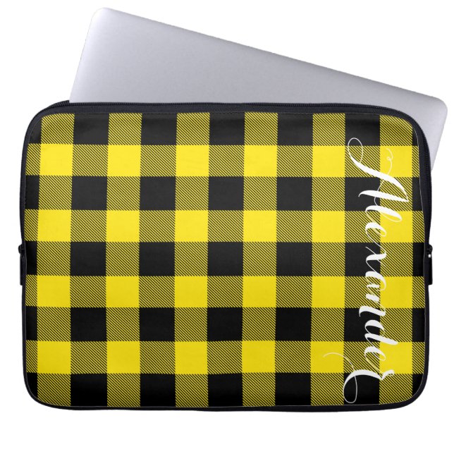 Gult Black Buffalo Check Pached Namn Monogram Laptop Fodral (Framsidan)