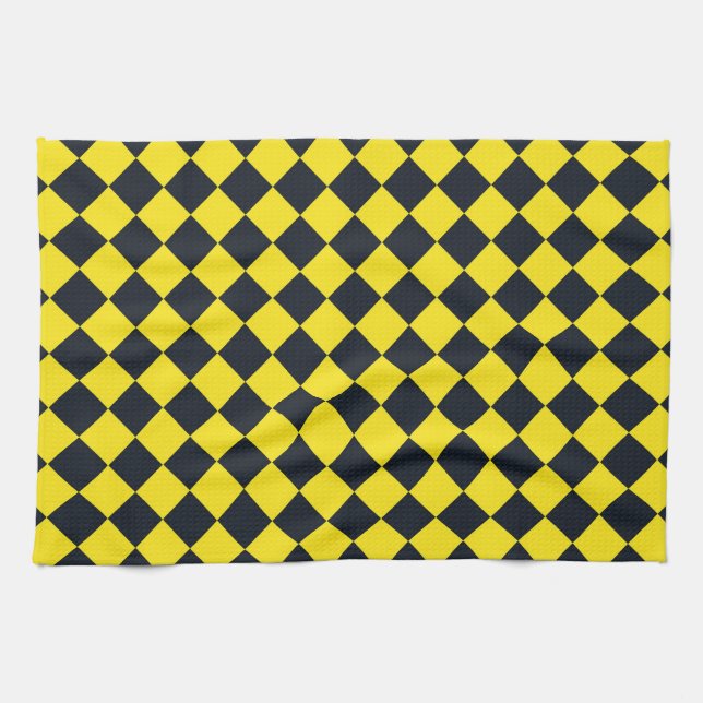 Gult Black Checker Diamond Mönster Kökshandduk (Horisontell)