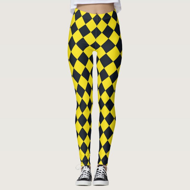 Gult Black Checker Diamond Mönster Leggings (Framsida)