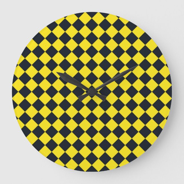 Gult Black Checker Diamond Mönster Stor Klocka (Framsida)