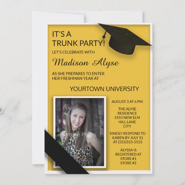 Gult Black College Trunk Party Dorm Shower Photo   Inbjudningar (Framsida)