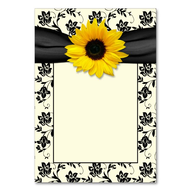 Gult Black Cream Damask Solros Bröllop Bordsnummer (Framsidan)