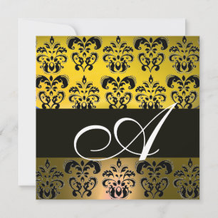 GULT BLACK DAMASK MONOGRAM, vit Inbjudningar