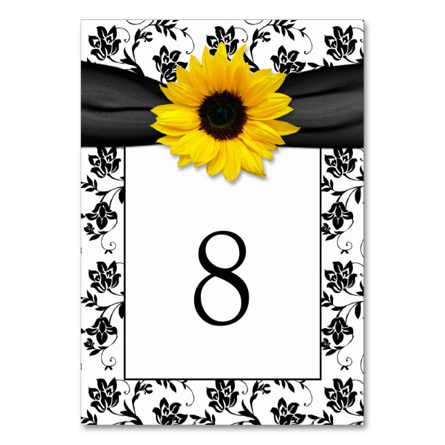 Gult Black Damask Solros Ribbon Bröllop Bordsnummer (Framsidan)