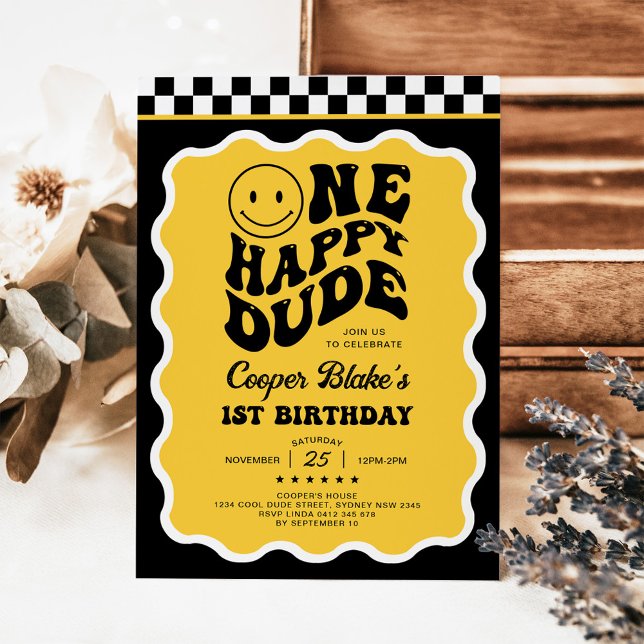 Gult Black Emoji One Lycklig Boy 1st Birthday Inbjudningar (Skapare uppladdad)