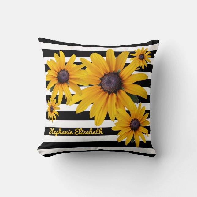 Gult Black-Eyed Susan Flower Photo Black Rand Kudde (Framsida)