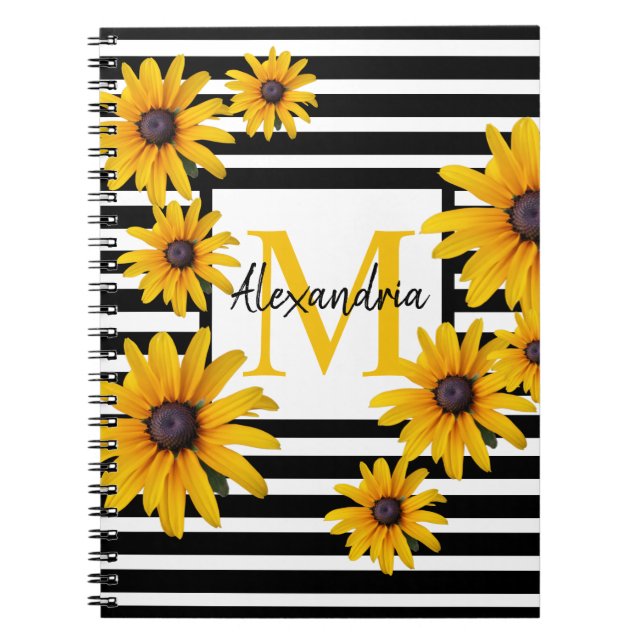 Gult Black-Eyed Susan Monogram Black Rand Anteckningsbok (Framsidan)