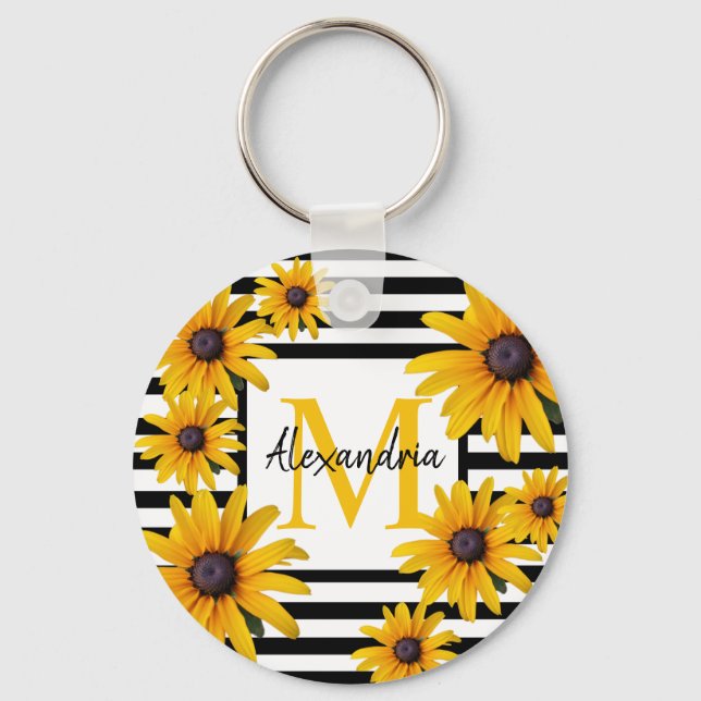 Gult Black-Eyed Susan Monogram Black Rand Nyckelring (Framsida)