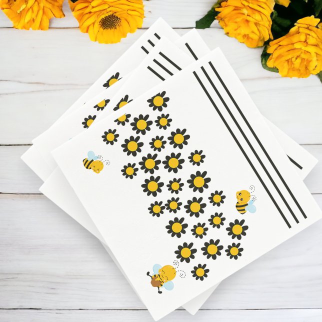 Gult Black Flower Bee Mönster Pappersservett (Yellow Black Flower Bee Pattern Napkins from Ricaso)