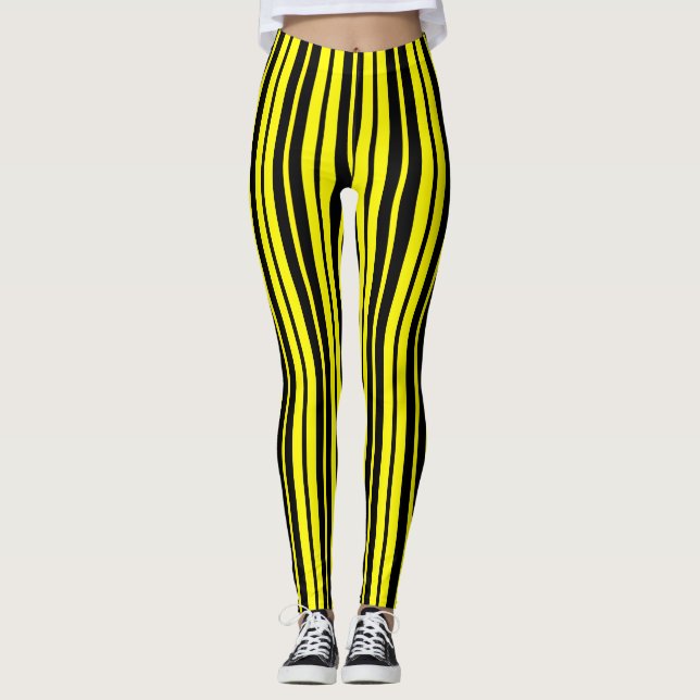Gult Black Lodrät Rand Mönster Leggings (Framsida)