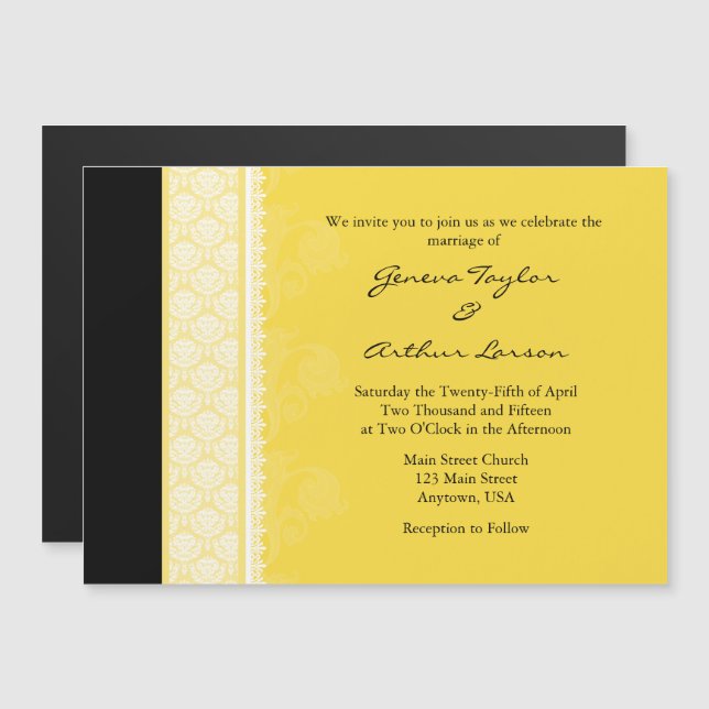 Gult Black Modern Magnetic Wedding Investigation Magnetisk Inbjudningskort (Fram/baksida)