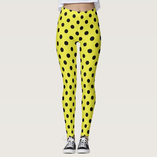 Gult Black Polka Dot Mönster Leggings (Framsida)