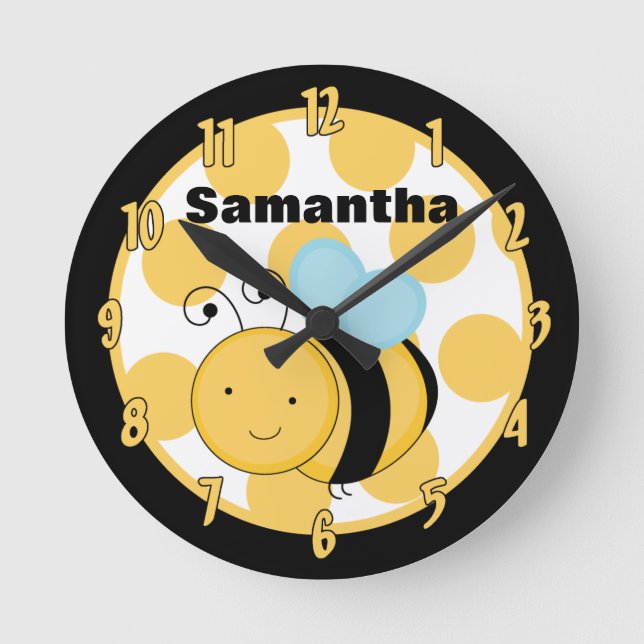 Gult & Black Polkadot Honung Humla Clock Rund Klocka (Framsida)