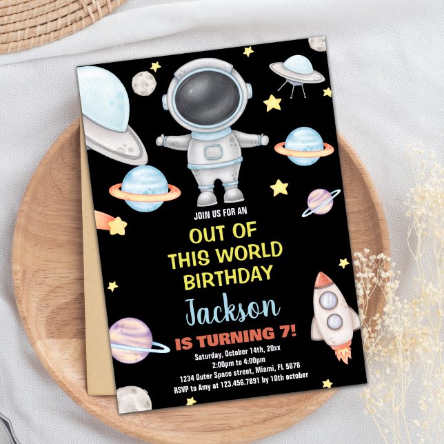 Gult Black Rymden-födelsedagsinbjudan Inbjudningar (Yellow Black Outer Space Birthday Invitations)