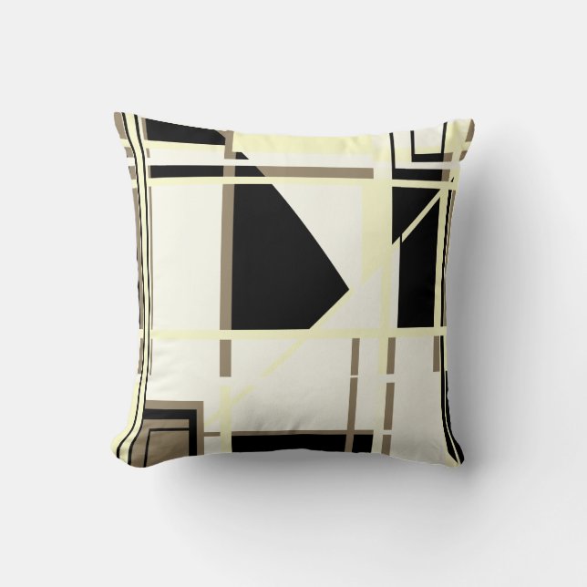 Gult Black Taupe på vit Abstrakt labyrint Kudde (Framsida)