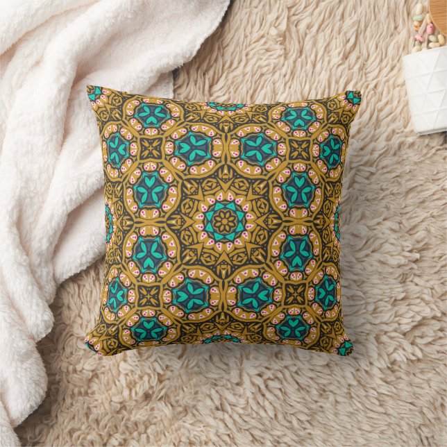 Gult Black Teal Geometric Mandela Mönster Kudde (Filt)