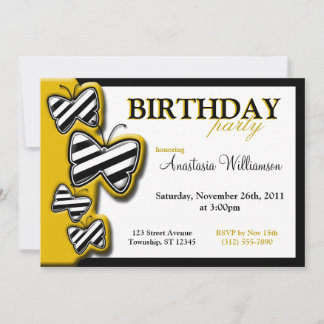 Gult Black & White Butterfly Birthday Inbjudan