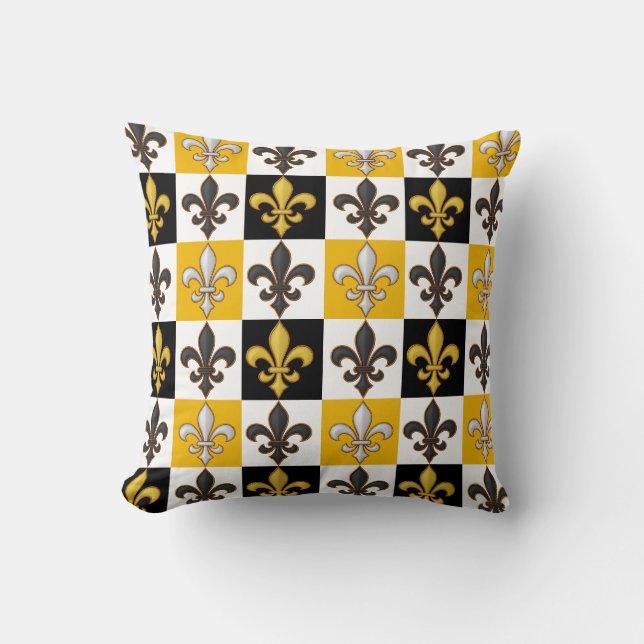 Gult Black White Checkered Fleur-de-lis Design Kudde (Framsida)