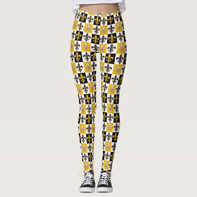 Gult Black White Checkered Fleur-de-lis Design Leggings (Framsida)