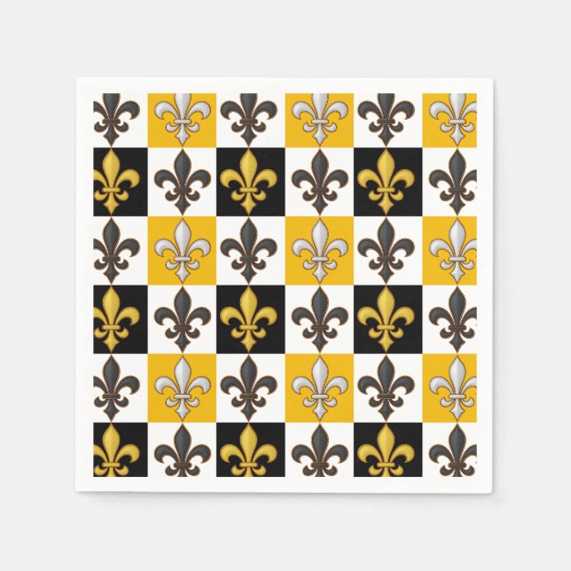 Gult Black White Checkered Fleur-de-lis Design Pappersservett (Framsidan)