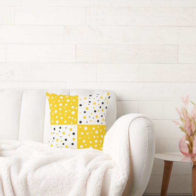 Gult Black & White Polka Dot Färg Block Kudde (Soffa)