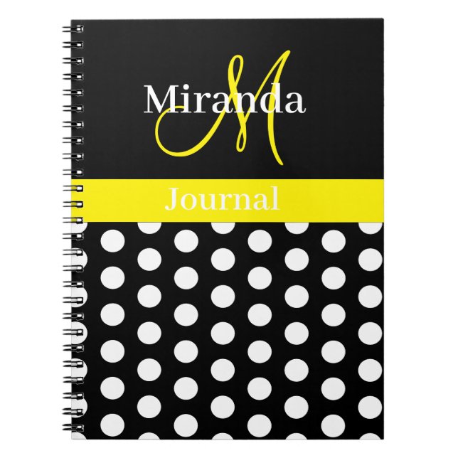 Gult Black White Polka Dot Monogram Anteckningsbok (Framsidan)