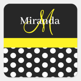 Gult Black White Polka Dot Monogram Fyrkantigt Klistermärke