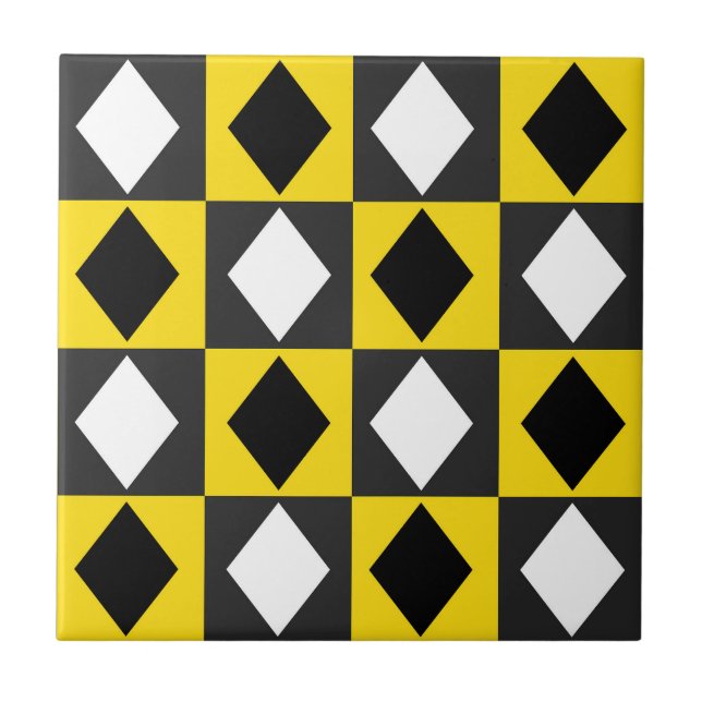 Gult Black White Rhombus Diamond Shape Kakelplatta (Framsidan)
