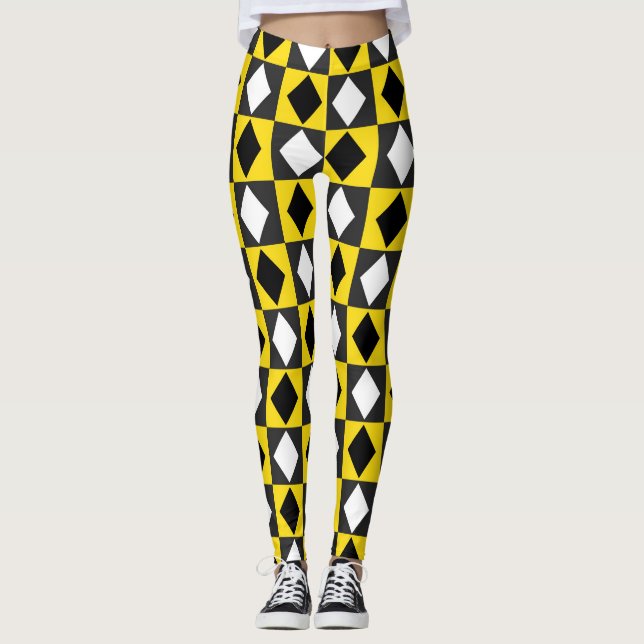 Gult Black White Rhombus Diamond Shape Leggings (Framsida)