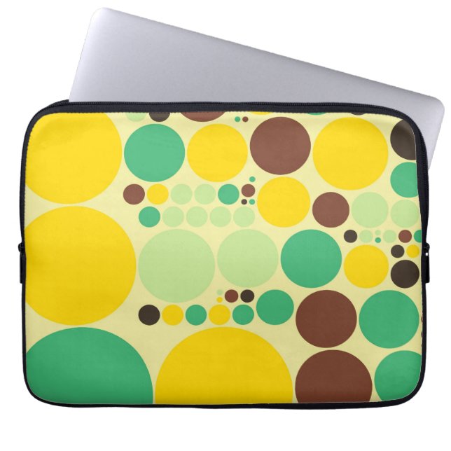 Gult blått, brunt polka dotsmönster laptop sleeve (Framsidan)