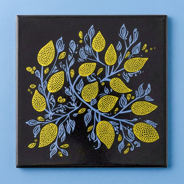 Gult, blått och svart citronplattor kakelplatta (Yellow, blue and black lemon vines tile)