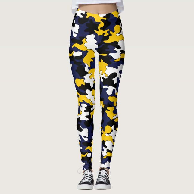 Gult blått, svart Camo damasker Leggings (Framsida)