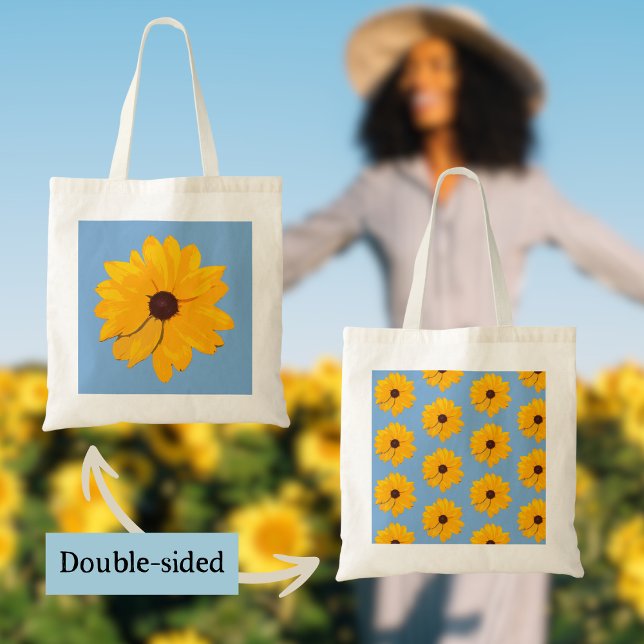 Gult blomma med blå bakgrund tygkasse (Beautiful yellow flowers from my real nature photography make this fall tote one of a kind!)