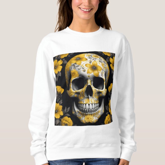 Gult Blommigt 3D Dead Skull med gula blommor T Shirt (Framsida)