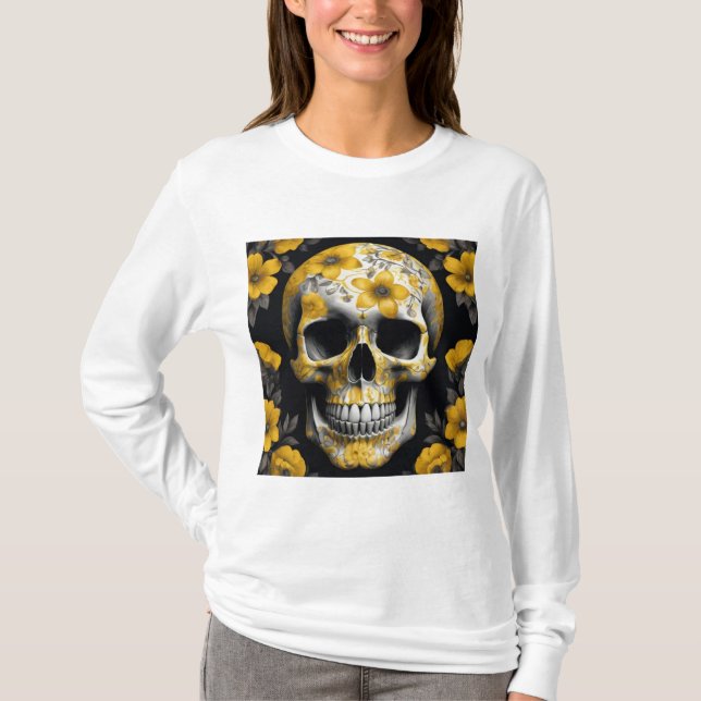Gult Blommigt 3D Dead Skull med gula blommor T Shirt (Framsida)